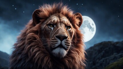 Majestic lion gazes into the night under a luminous full moon