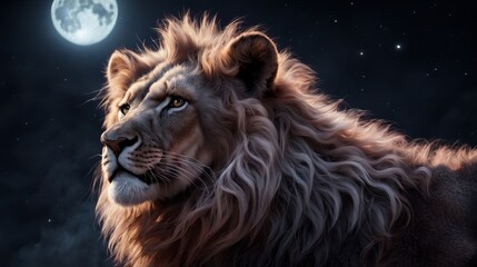 Majestic lion gazing at full moon in the tranquil night sky