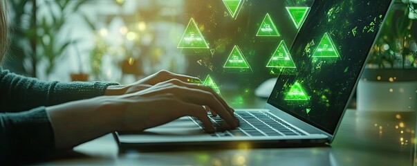 Person working on laptop with green data icons.