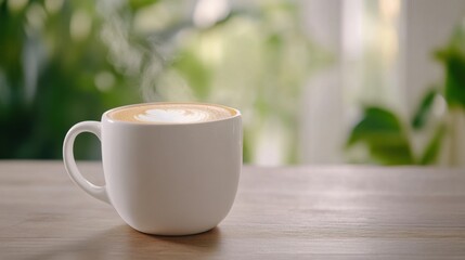Obraz premium Creamy Coffee in a White Cup on a Wooden Table Surrounded by Greenery