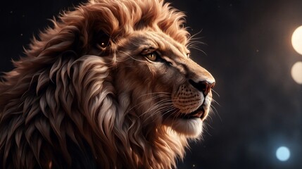 Majestic lion portrait with dramatic lighting and focus on flowing mane