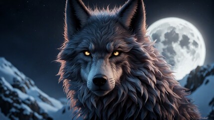 Majestic lone wolf under the full moon in snowy mountain landscape