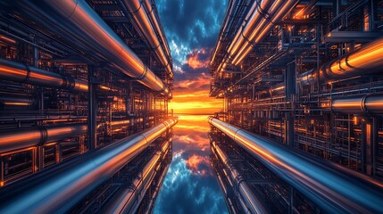 Fototapeta premium Industrial sunset reflection urban pipe layout digital art cityscape perspective innovation in technology