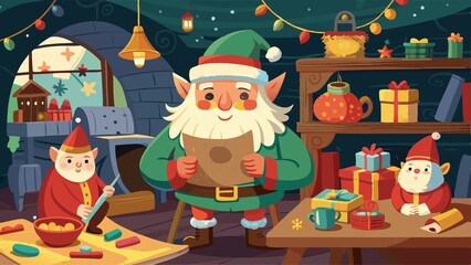 A cartoon of a man dressed as Santa Claus reading a list of presents