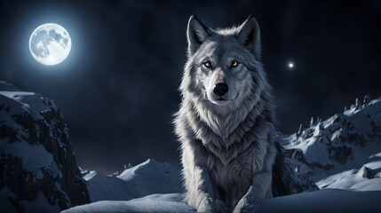 Majestic lone wolf under a full moon in a snowy mountain landscape