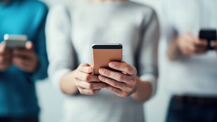 Three individuals are holding smartphones, focused on their devices, suggesting a modern lifestyle dominated by technology and connectivity.