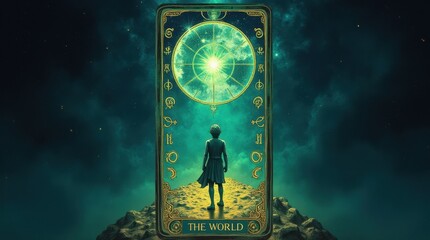 The World Tarot Card in Vibrant Green and Blue Hues