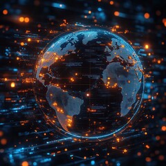 Fototapeta premium A digital representation of Earth surrounded by glowing data streams and connections.