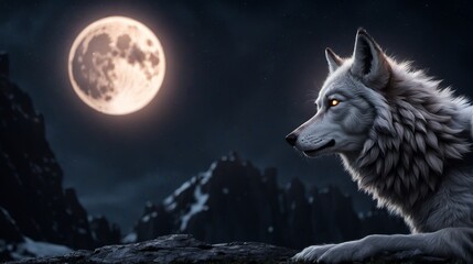 Majestic white wolf gazing at the full moon in a mountainous landscape