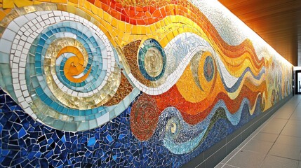 Custom wall design featuring an abstract mosaic of colorful glass and stone tiles for an artistic centerpiece