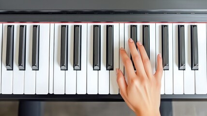 A person plays a melody on a piano, highlighting the black and white keys with a focus on their hand's movement.