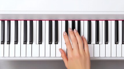 A hand playing a piano, highlighting the contrast of black and white keys in a clean, modern design.