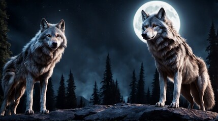 Two majestic wolves standing under a full moon in a mysterious forest