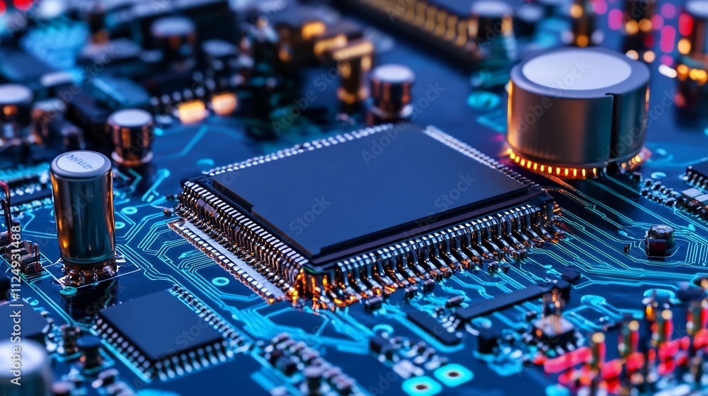 Poster high-tech device assembly line in a modern factory showcasing advanced electronic components and