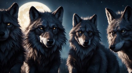 Majestic wolves in moonlit forest exhibit mystery and strength under night sky