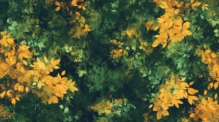 Dense autumn forest with a mix of green and golden leaves.