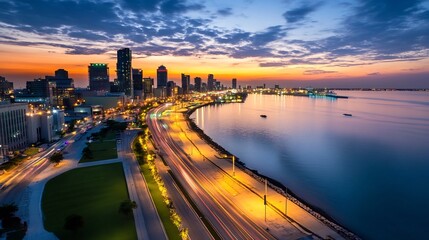 Breathtaking Sunset Cityscape with Skyscrapers and Illuminated Waterfront