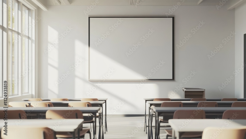 Poster empty classroom with a projector screen and sunlight