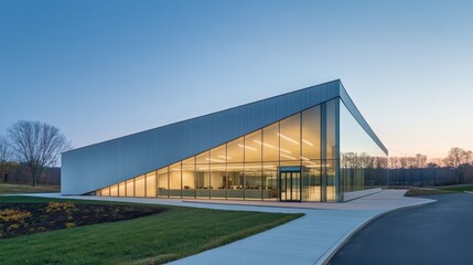 Obraz premium Modern Architectural Design of a Sleek Glass Building at Sunset