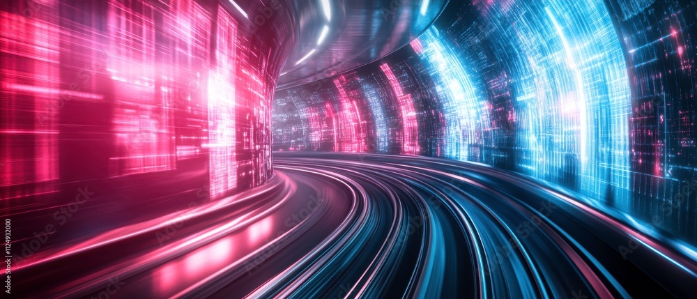 Poster futuristic high-speed vehicle gliding through neon-lit deserted highway with dynamic streaks of ligh