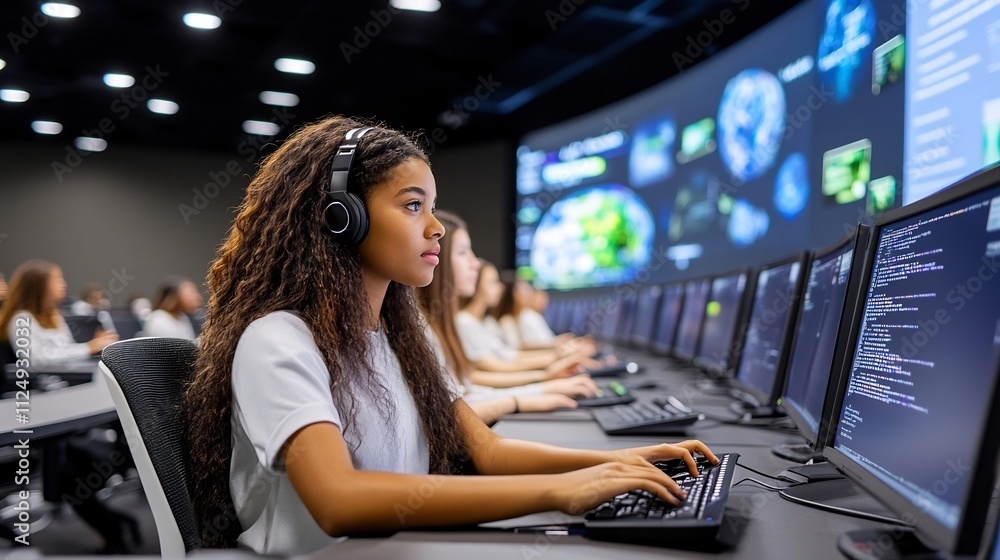 Poster virtual classroom with students participating via digital screens and devices