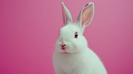 Playful white rabbit portrait against pink background animal photography studio environment close-up view whimsical concept