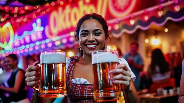 A cheerful young woman in traditional Bavarian attire holds two large beer mugs at an Oktoberfest event. The lively atmosphere and her smiling face celebrate the festival spirit