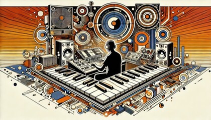 Obraz premium musician playing synthesizers in recording studio abstract illustration music creation content created with generative AI software