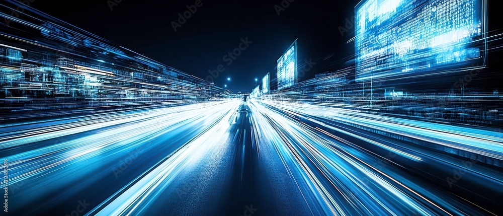 Poster futuristic high-speed vehicle on deserted neon highway illuminated by dynamic streaks of light with 