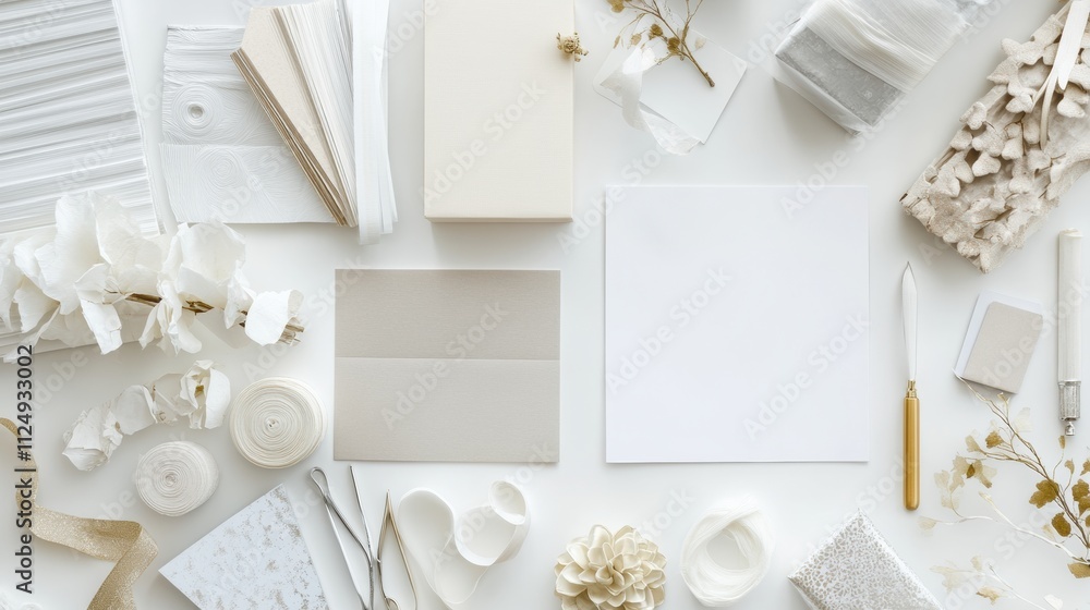 Poster various gift wrapping items including paper, ribbons, and cards are arranged neatly, offering space 