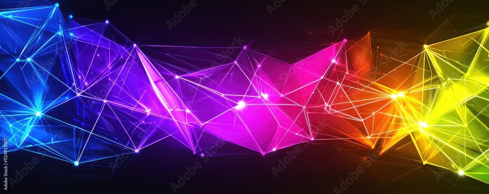 Poster a vibrant, abstract representation of a network with colorful nodes and lines, showcasing digital co