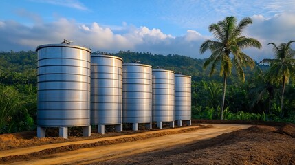 Obraz premium Panoramic View of Modern Palm Oil Production Factory with Advanced Equipment and Large Metal