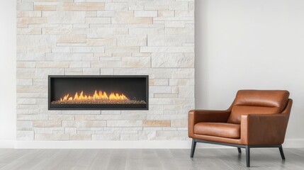 Cozy Living Room with Modern Fireplace and Stylish Leather Armchair