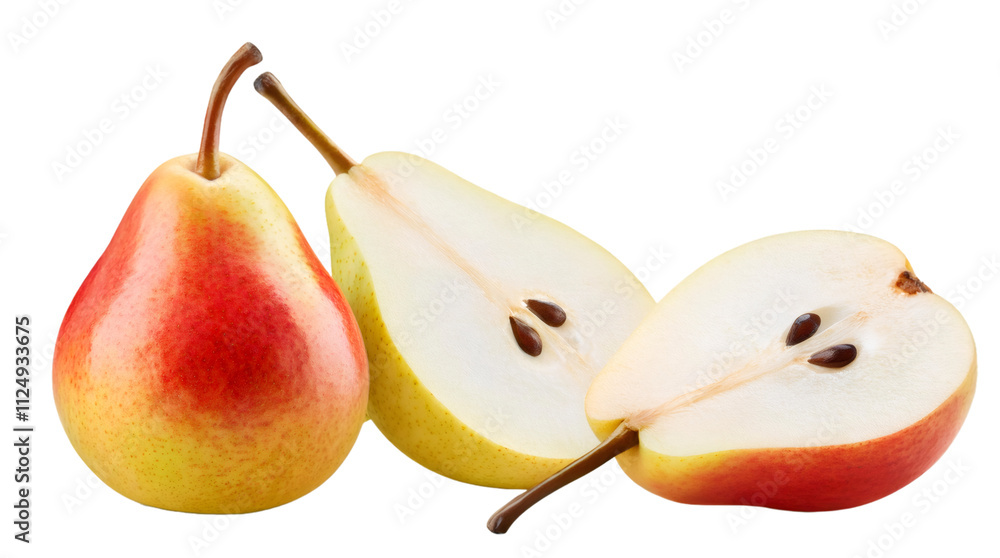 Poster whole pear and two halves showing the inside with seeds, isolated on transparent background