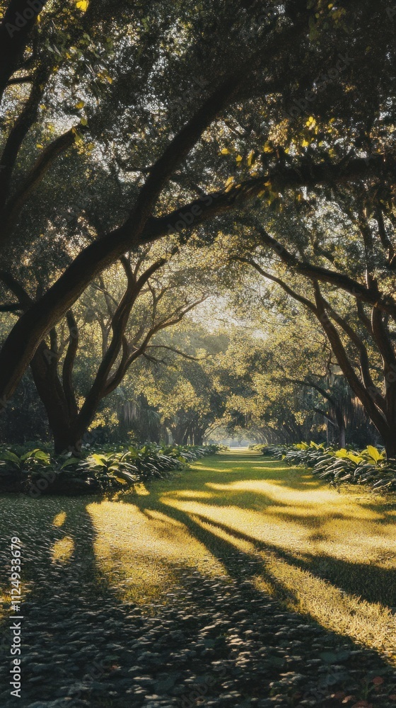 Poster sunlit path through arching trees