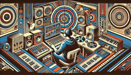 musician playing synthesizers in recording studio abstract illustration music creation content created with generative AI software