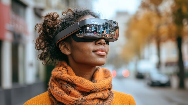 Woman using futuristic AR glasses in city