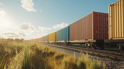 Fototapeta premium Colorful Freight Train Moving Through Industrial Zone