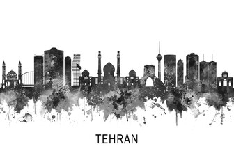 Obraz premium Tehran Iran Skyline BW, landscape watercolor abstract painting print poster Heilongjiang travel illustration urban art modern downtown landmarks