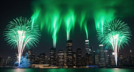 Using shimmering green auroras set against the dark urban sky creating ethereal magical girlinspired New Years fireworks effects