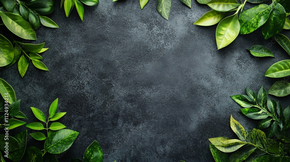 Poster green leaves bordering dark background creating copy space