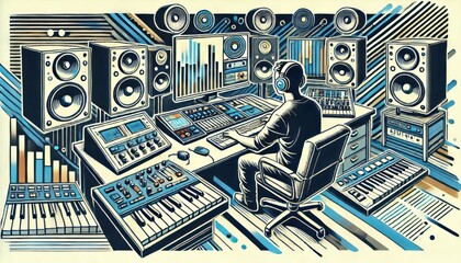 musician playing synthesizers in recording studio abstract illustration music creation content created with generative AI software