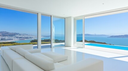 Fototapeta premium Modern Living Room with Spectacular View of Bay and City Skyline