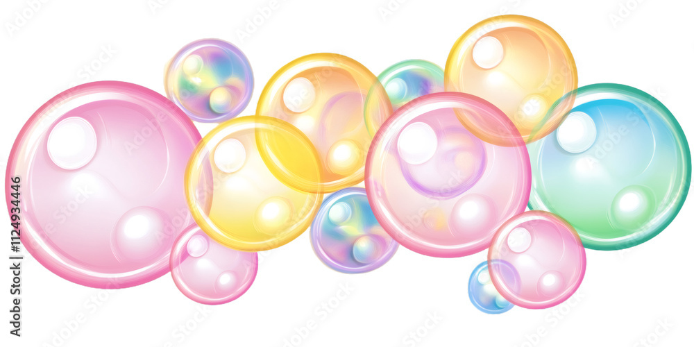 Poster vibrantly hued soap bubbles drifting and adding a playful vibe against a see through backdrop