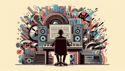 Fototapeta premium musician playing synthesizers in recording studio abstract illustration music creation content created with generative AI software
