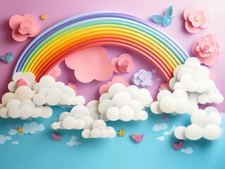 Incredible Paper cut landscape banner with rainbow and clouds made in realistic paper craft art