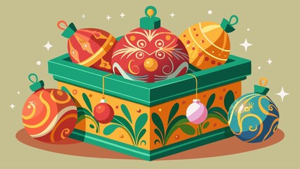 A box of Christmas ornaments with a green lid