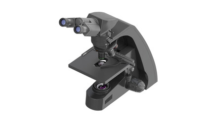 A black microscope on a transparent background. Orthographic view. Isometric perspective. Isolated. PNG transparent. 3d illustration