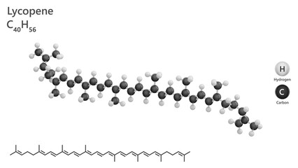 Molecule: Lycopene. Red carotenoid pigment. E160d. Molecular structure. Formula: C40H56. Chemical model: Ball and stick. White background. 3D illustration.