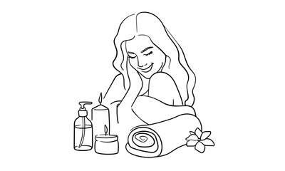 Spa salon continuous line art drawing isolated on white background. Self care and beauty. Vector illustration